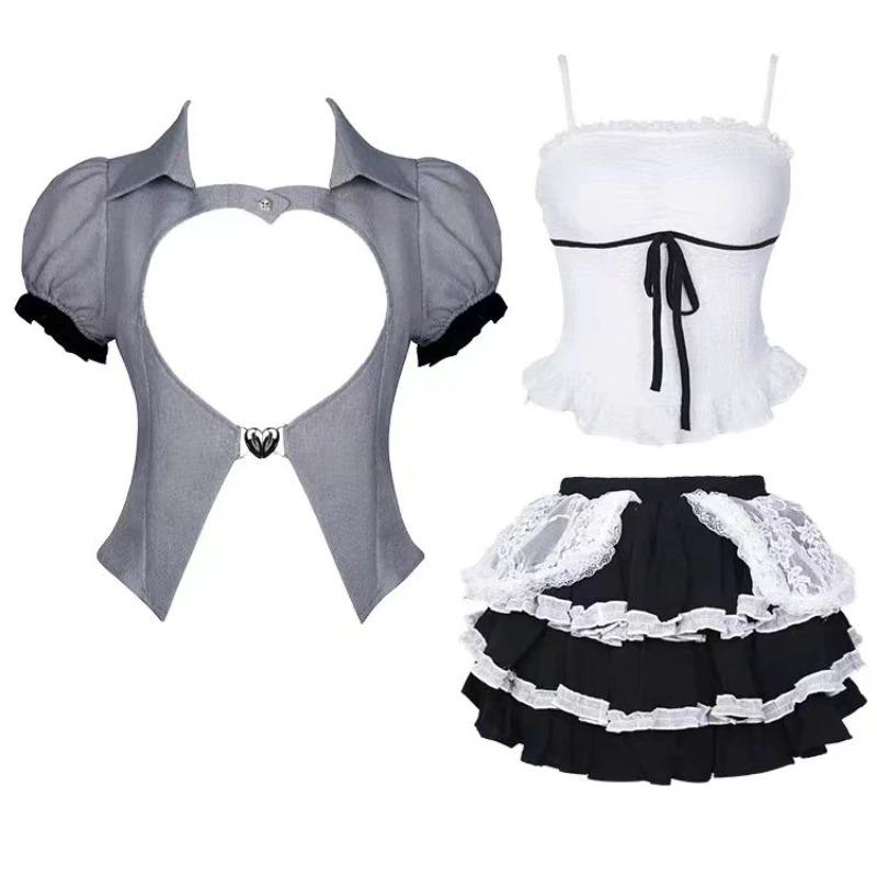 Japanese Style Kawaii 3 Piece Skirt Sets Women Sweet Tops + Casual Slim Vest + Cute Lace Mini Skirt 2000s Fashion Suit Hot Girls