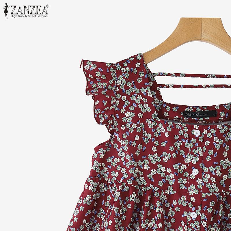 ZANZEA Women Casual Square Collar Cap Sleeve Summer Floral Blouse