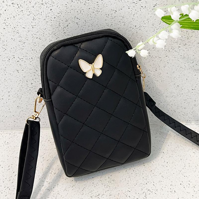Quilted Mini Crossbody Bag Korean Style Floral Embroidered Phone Purse with Butterfly Detail