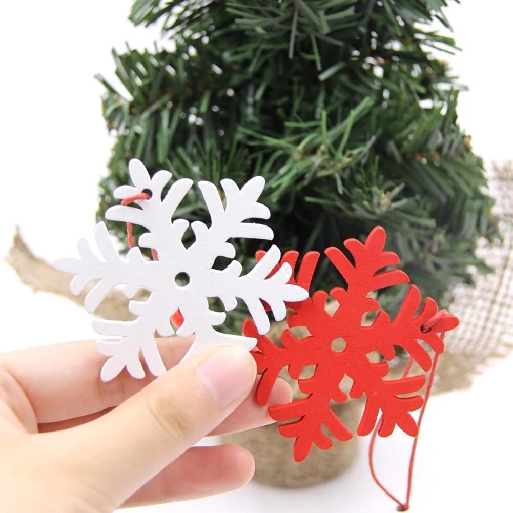 6 Pcs White Red Wooden Snowflakes Christmas Decorations 2024 Xmas Tree Hanging Pendant Home Wall Novelty Ornaments 6.9x6.9CM