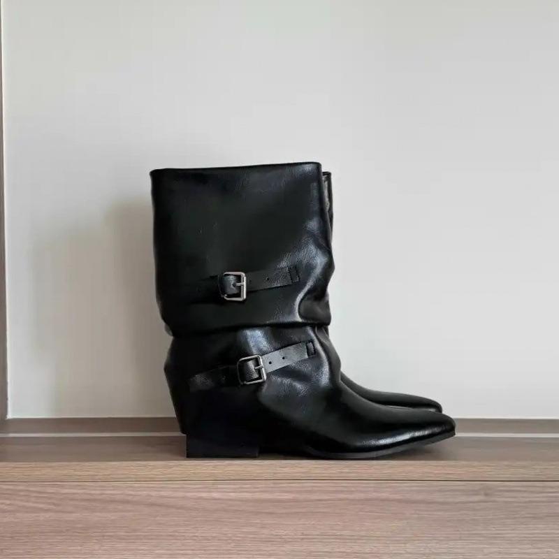 Cowhide Version~ New Niche Wide Tube Thigh Circumference Mid Tube Western Boots Women's Thick Heel Trousers Women's Boots Knight Boots