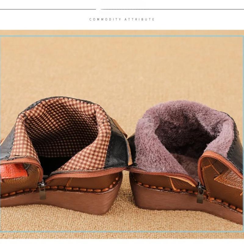 Johnature Ethnic Style Mixed Colors Genuine Leather Wedges Short Boots Warm Comfortable Women's Cotton Shoes
