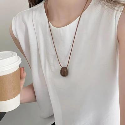 Simple Oval Choker Necklace Wax Rope Long Pendant Necklace Alloy Sweater Chain Women
