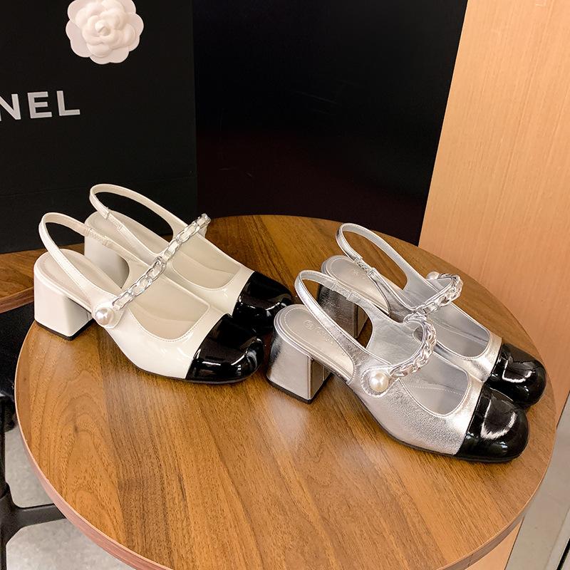 Leather French Mary Jane Shoes High Heel Pearl Baotou Sandals Women's Thick Heel Single Shoes Xiaoxiangfeng Fairy Spring and Summer Women's Shoes