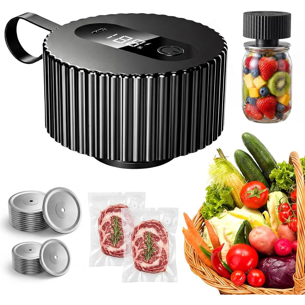 Electric Mason Jar Vacuum Sealer Kit, 3-in-1 Automatic Sealer for Wide & Regular Mouth Jars, Bags & Containers, Rechargeable One-Touch Preserver