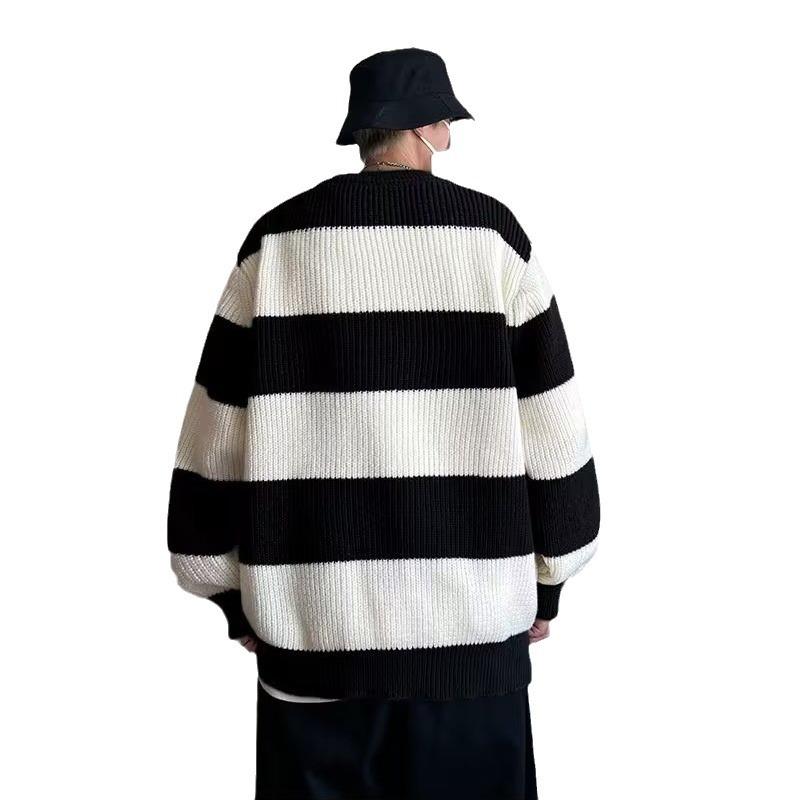 Sweater men's autumn and winter warm loose primer thread jacket American casual contrasting color trendy brand striped crew neck knitted sweater