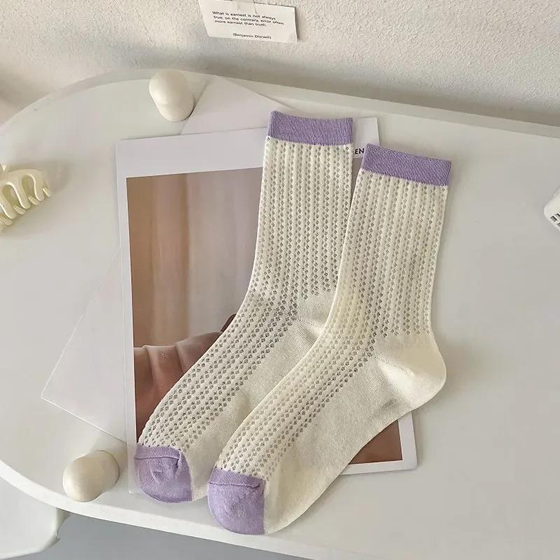Summer Women Socks Hollow Out Mesh Thin Breathable Elastic Long Socks Korean Fashion Solid Color School Girls Crew Socks Women