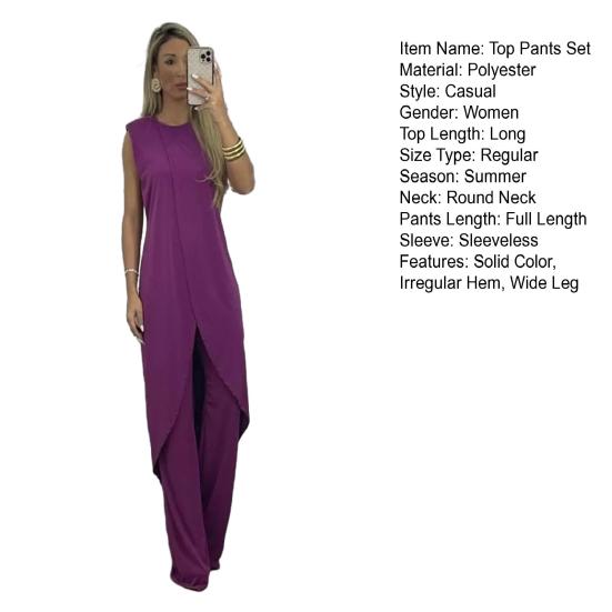 2 Pcs/Set Women Top Pants Set Irregular Hem Wide Leg Solid Color