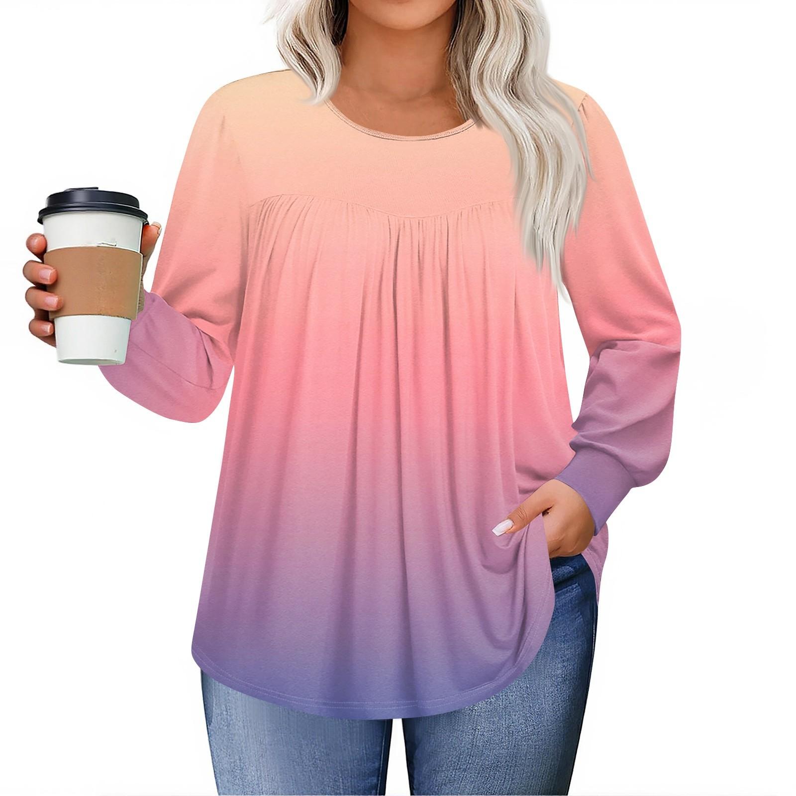 

Womens Plus Size Tops Long Sleeve Shirts Round Neck Flowy Tunic Casual Loose Blouse L-5X XXXXL рожевий
