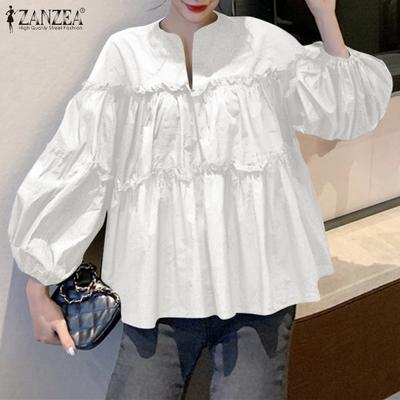 Women Casual Puff Sleeve Ruffled Tiered Peplum Blouse Shirt