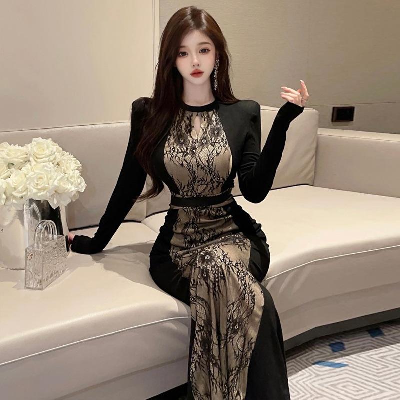 

Женское платье с длинными рукавами и контрастным принтом в стиле ретро L