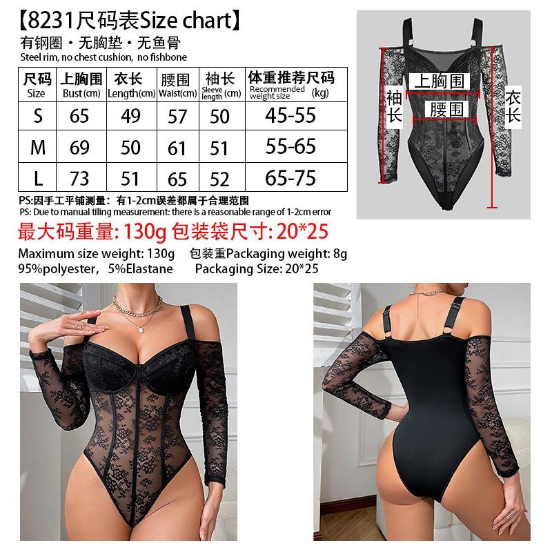 Black Long-sleeved Onesie Women's Lace Three-dimensional Embroidery Off-the-shoulder Party Wear Underwear