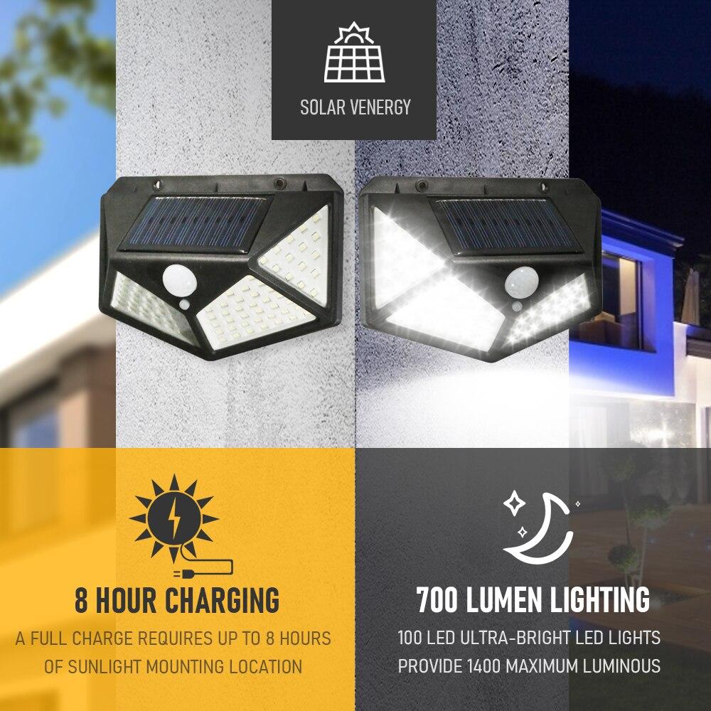 Outdoor LED Solar Lights Motion Sensor Outdoor Wall Lights 100 LED Lights 4 Side Lights for Garden Patio Balcony etc.