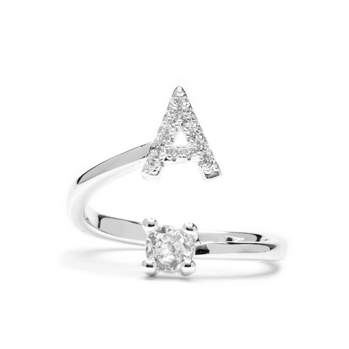 Anneau - LUXENTER - Alphabet - Lettre A - Taille ajustable - Plaqué rhodium