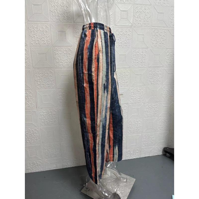 Calças Harem Estampadas às Riscas, Calças Casuais Soltas com Cintura Elástica, Calças com Cintura Elástica, Diárias, Roupa Feminina