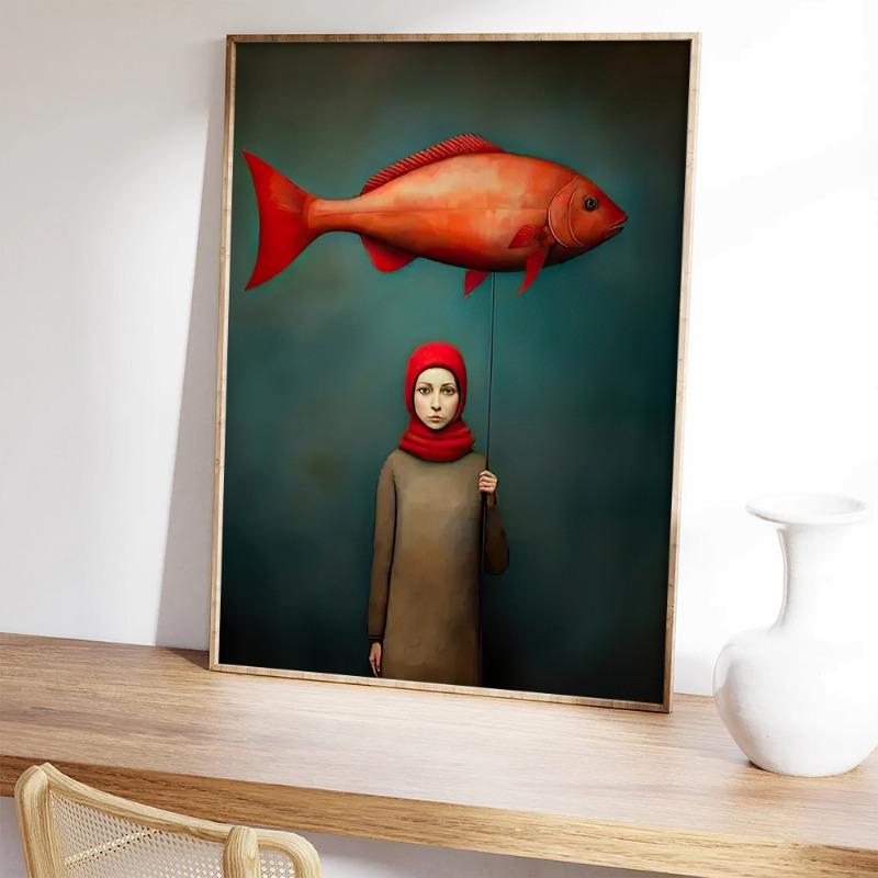 1pc Frameless Fashion Fish Canvas Art Print Poster Vintage Inspired Wall Decor with Red Fish & Woman in Red Headscarf Wall Art