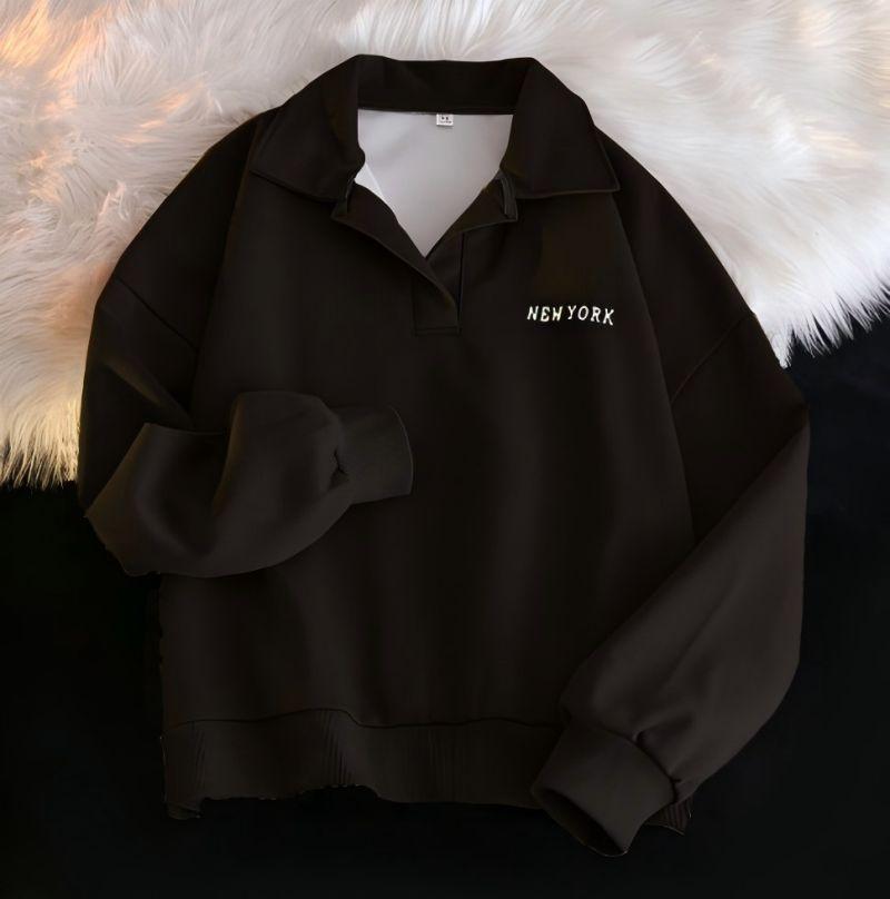 Vintage Polo Collar Sweatshirts Spring Autumn Harajuku Hoodies Long Sleeve Loose Pullovers Casual Solid Female Top Clothing