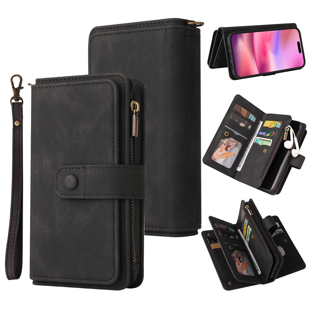 For iPhone 16 Zipper Wallet Case with 15 Card Slots and Strap Leather Phone Cover