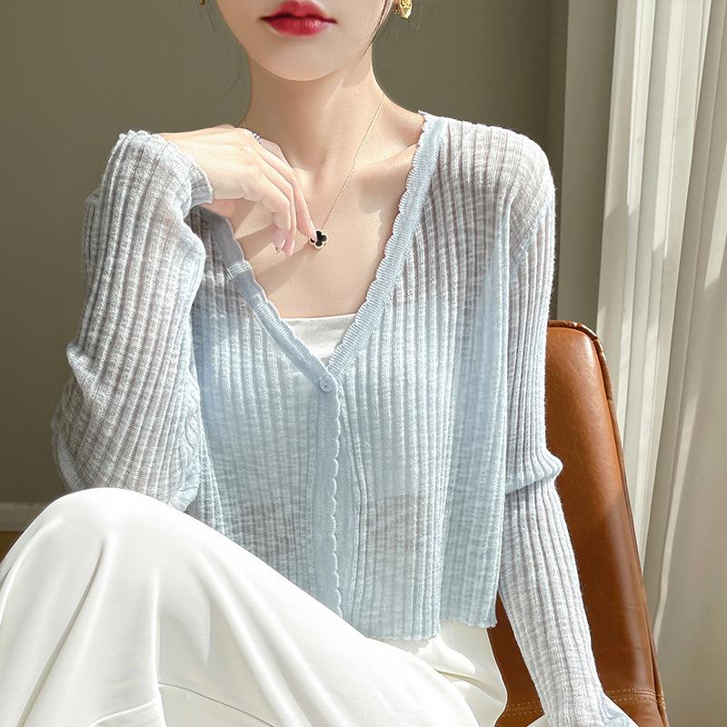Women Thin Long Sleeve Solid Sunscreen Knit Cardigan Summer Outerwear Cover Up