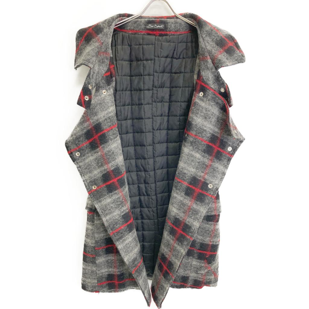 BAD SPIRIT Grey Wool Zip Quilted Double Breasted Gilet Coat Coat S Grey Black Red CheckUsed