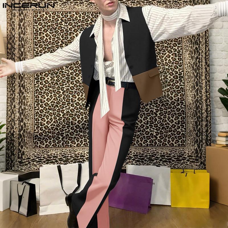 INCERUN Two Pieces Men Sleeveless Patchwork Waistcoat and Long Straight Pants Sets