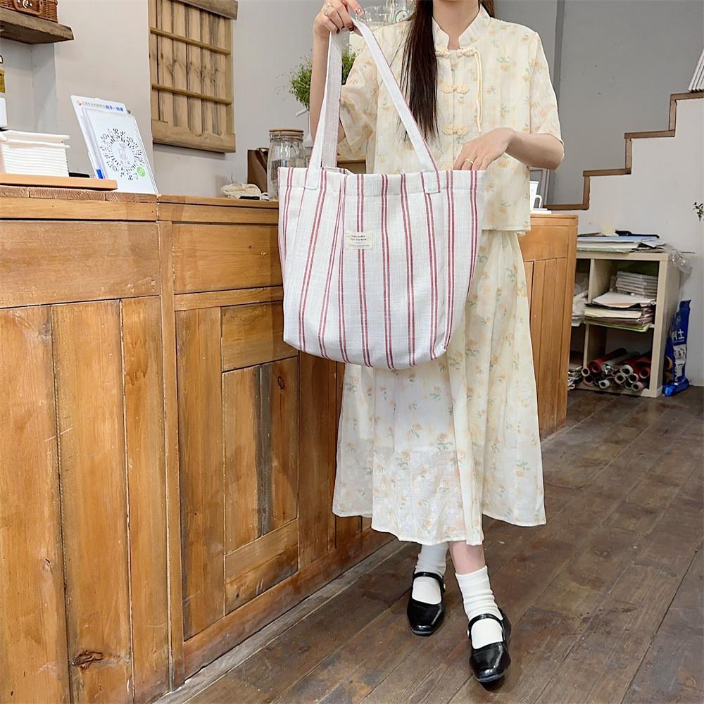 Fashionable Korean Large Capacity Striped Canvas Tote Bag For Spring Summer