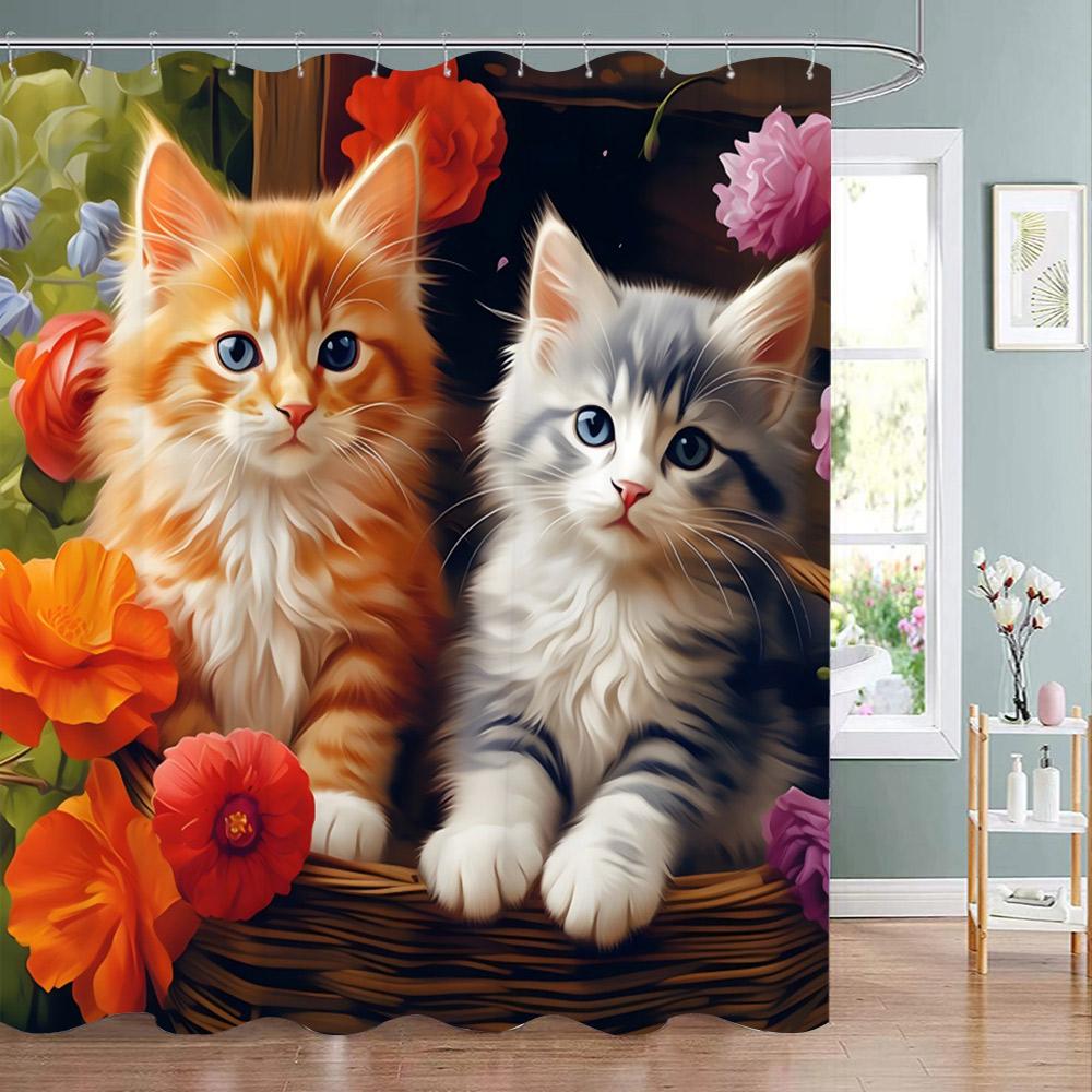 Funny Animal Shower Curtain Cute Cat in Flower with Butterfly Fluttering Polyester Fabric Washable Shower Curtain Bathroom Decor