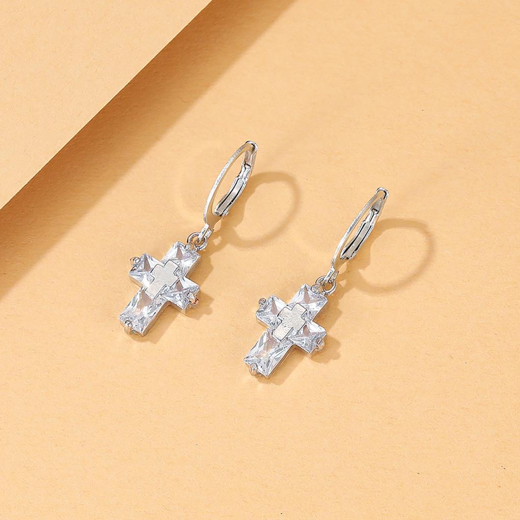 Cross Stylish Silver Earrings With Sparkling Crystals Trendy And Minimalist Design Women For