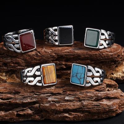 1 Stück Herren Vintage Ring aus 316L Edelstahl mit natürlichem Tigerauge Stein Türkis - Aufwendige Details, Unisex Schmuck