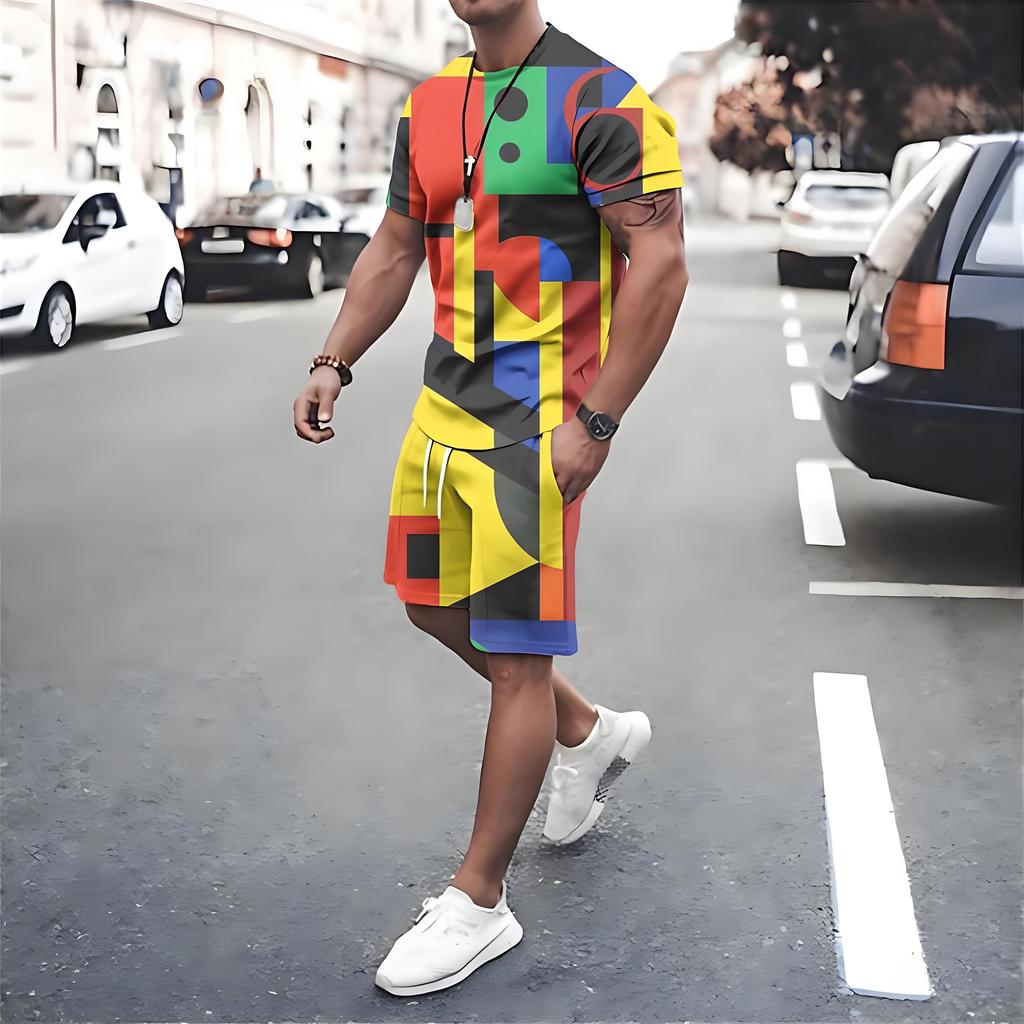 Irregular Graphic Print Short Sleeve Top Drawstring Shorts 2-piece Set 2026 Plus Size Loose Men's T-shirt Clothing Pocket Shorts