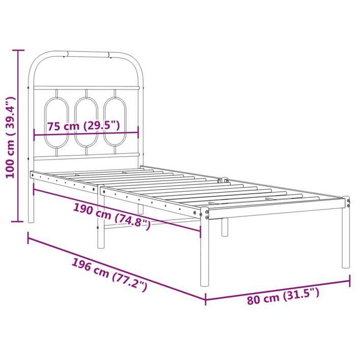 VidaXL Cadre de lit métal sans matelas avec tête de lit noir 75x190 cm 377107