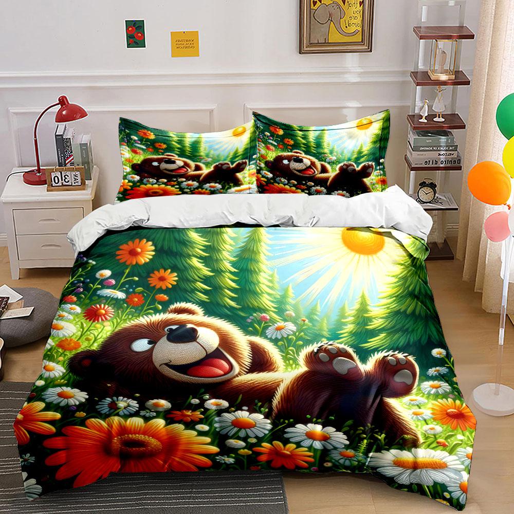 Cheerful Bear Relaxing In Nature Exquisite Three-Piece Bedding Set Gift For Kids And Adults