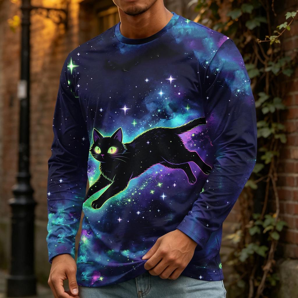 Men's Halloween Print Long Sleeve Neck T-Shirt Loose Fit Casual Top
