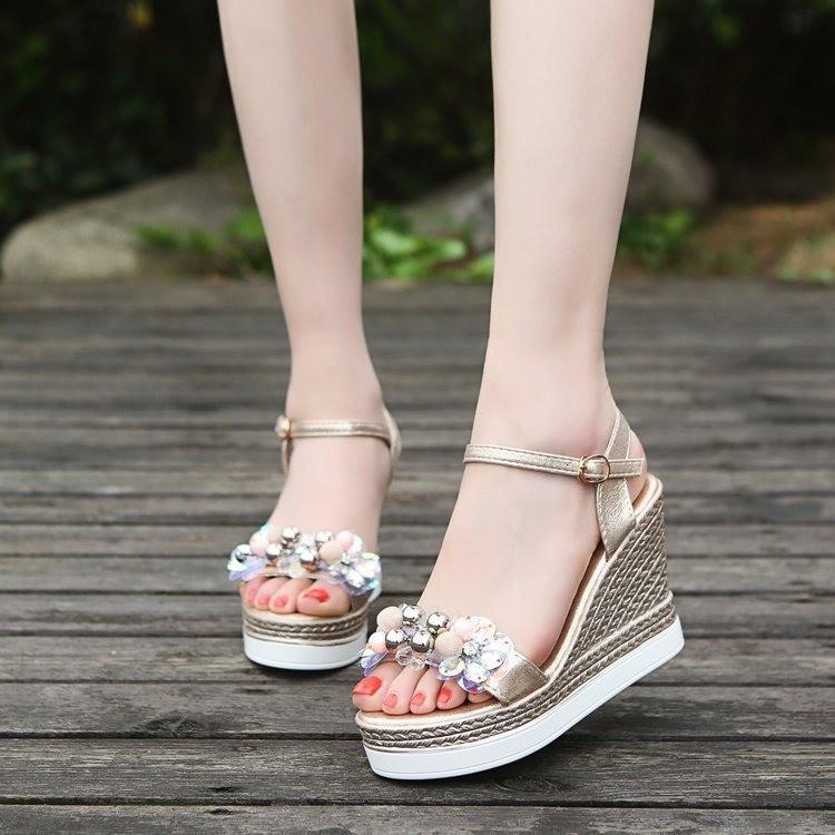 Bohemian Style Large Size Sandals Women's 2025 Summer New Rhinestone Flower Wedge Heel Fish Mouth Sandals