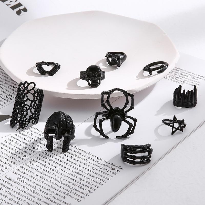 Set Di Anelli Gotici Da Donna Impilabili, Stile Dark Con Ragno, Serpente E Turchese, Regolabili Per Halloween E Feste A Tema - 2