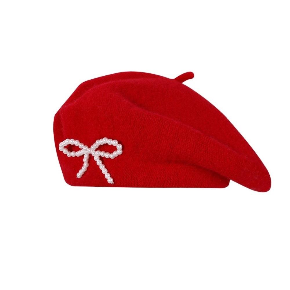 Knitted Bow Beret Solid Color Beanie Cap Streetwear Wool Beret  Street Photography