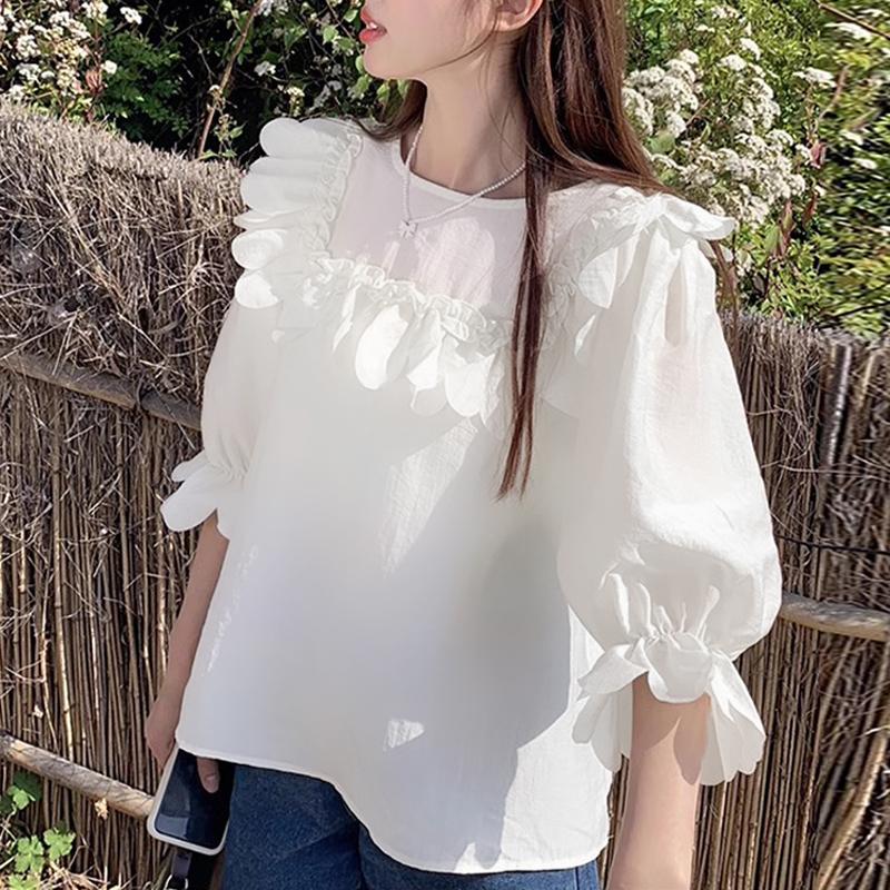 ZANZEA Women Summer Fashion Round Neck Wave Edge Lantern Short Sleeve Blouses