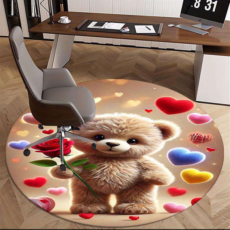 1pc Cute Teddy Bear with Rose Round Carpet - Anime Design, Valentine's Day Gift, Office Chair Mat, Non-Slip Rug for Home Decor.D001