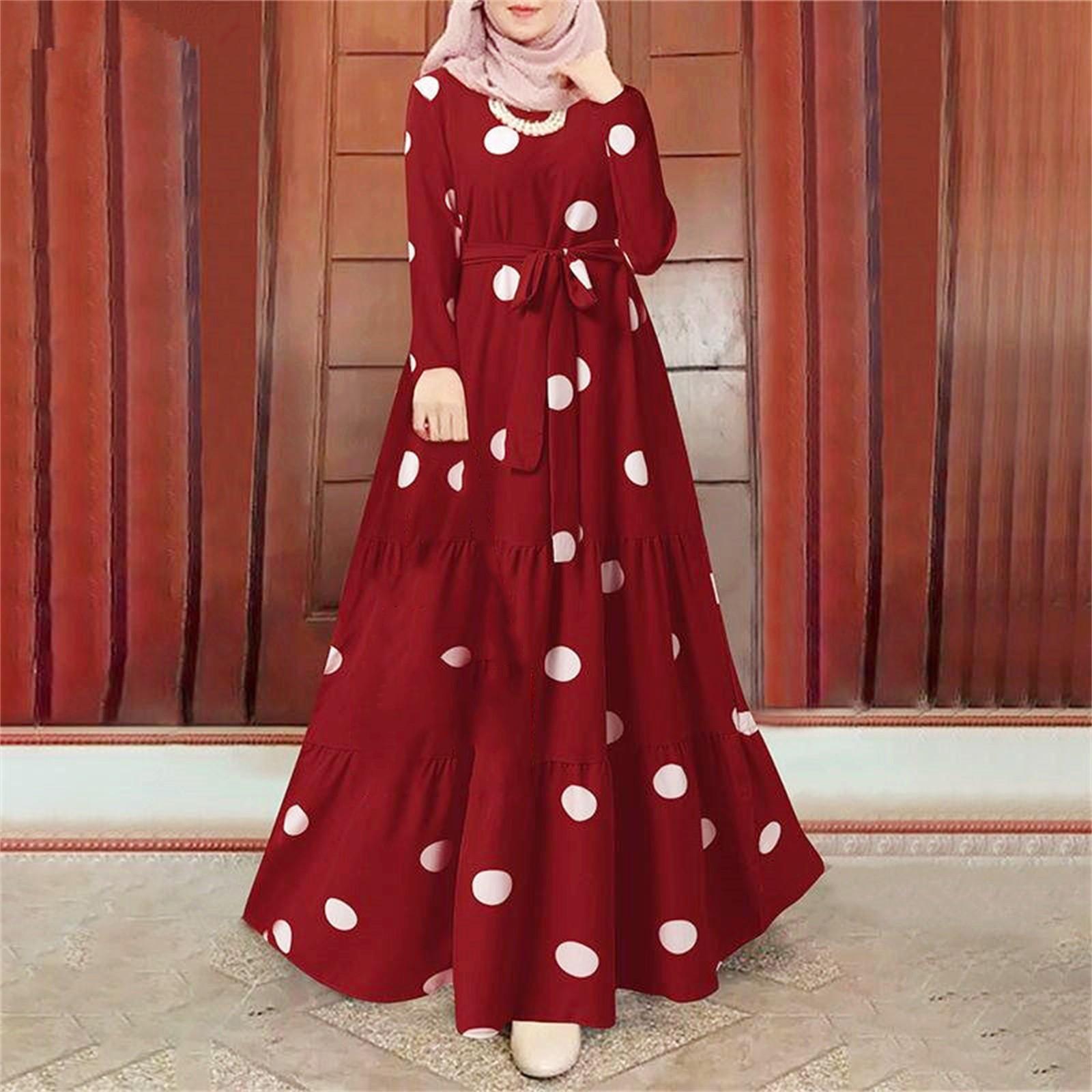 

Women s Fashion Dress Muslim Polka Dot Elegant Waistband Long Dress S червоний