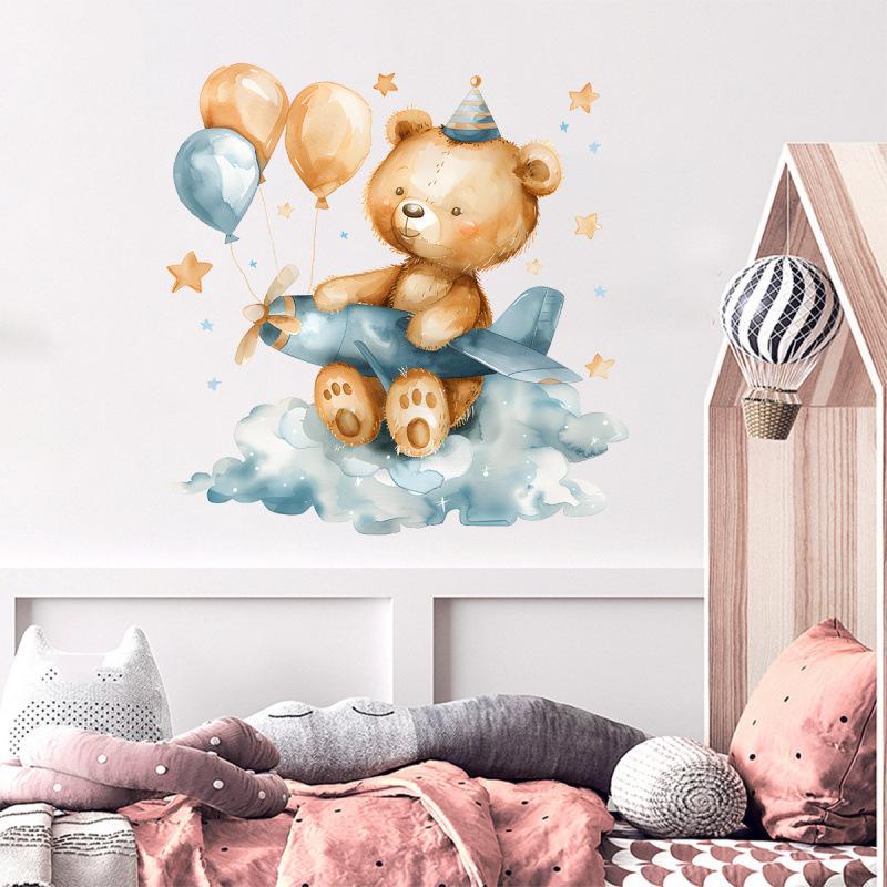 Cartoon Bear Cloud Stars Balloons Wall Stickers for Kids Room Nursery Home Decor Peel and Stick Removable Wall Art Cartoon Wall Decals