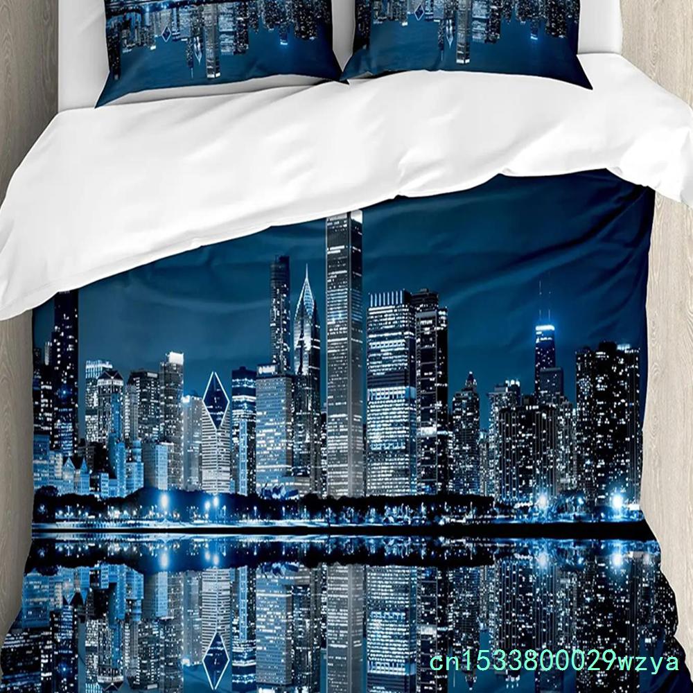 Urban 3pcs Bedding Set Manhattan Sunset Skyline New York City Duvet Cover Set Bed Set Quilt Cover Pillow Case Comforter Cover