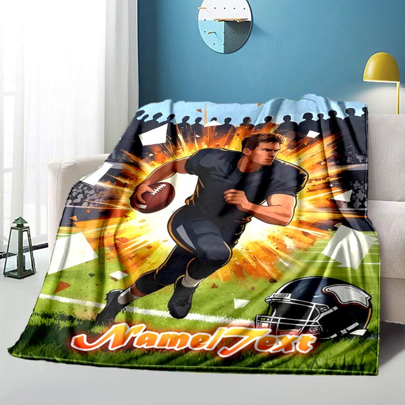 1PC Custom Name Football Player Action outdooor Flannel blankets Throw Blanket All-Season Throw Gift Bedspread for Couch, Bed, Camping Holiday Birthda