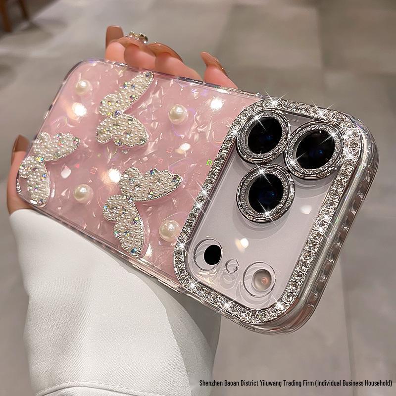 

Чохол для телефону iPhone 17 Pro Max з перламутровим метеликом з кристалами та повним захистом об єктива iPhone 17 Pro Max