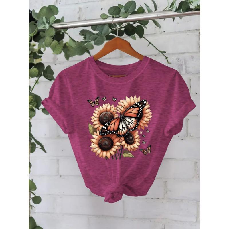 Summer New Short-sleeved Fashion T-shirts Featuring Sunflowers and Butterflies