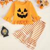 Baby Mädchen Halloween Kürbis Stickerei Pullover Rundhals Langarm Sweatshirt mit Elastischer Taille Schlaghosen Set