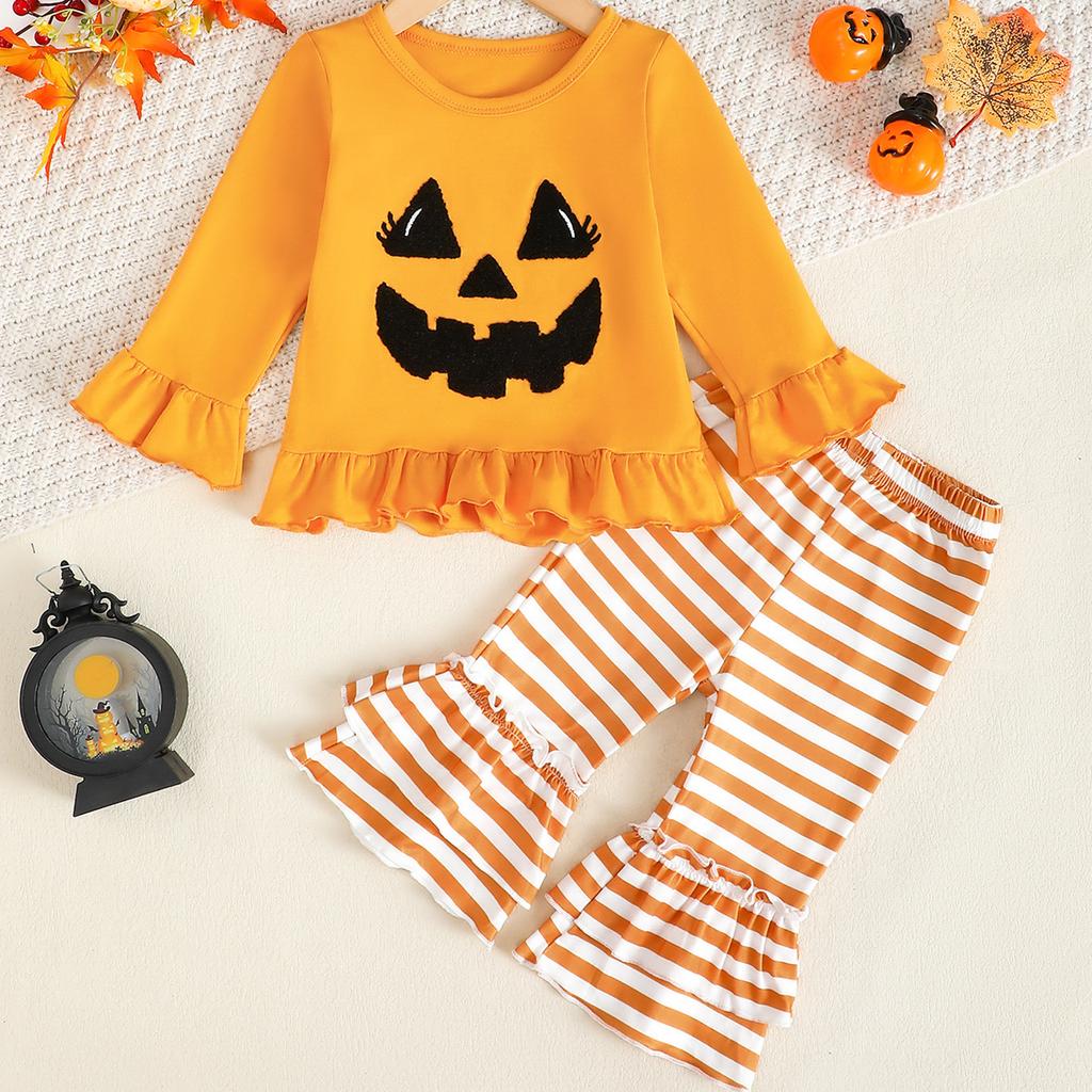 Baby Mädchen Halloween Kürbis Stickerei Pullover Rundhals Langarm Sweatshirt mit Elastischer Taille Schlaghosen Set