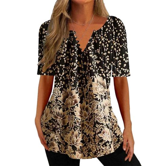 Women Summer T-shirt Flower Print V Neck Short Sleeves Loose Vintage Daily Wear Mid Length Plus Size Women Top Female Clothes