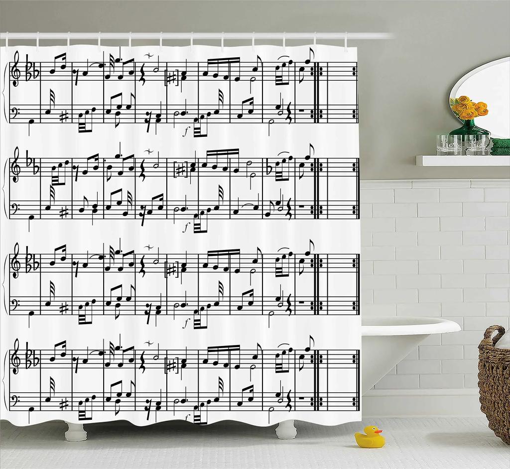 Music Shower Curtain,Black And White Music Notes Bathroom Shower Curtains Polyester Fabric Fashion Gray Bathroom Set With Hooks