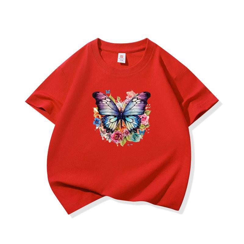 Kids Cotton T Shirt Colorful Floral Watercolor Butterfly Print Crew Neck Short Sleeve Tee Casual Boys Girls Summer Tops