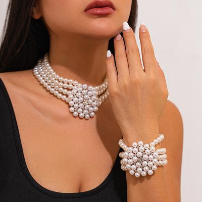 Vintage Patchwork Layered Faux Pearl Necklace French Beaded Choker Collarbone Chain Female